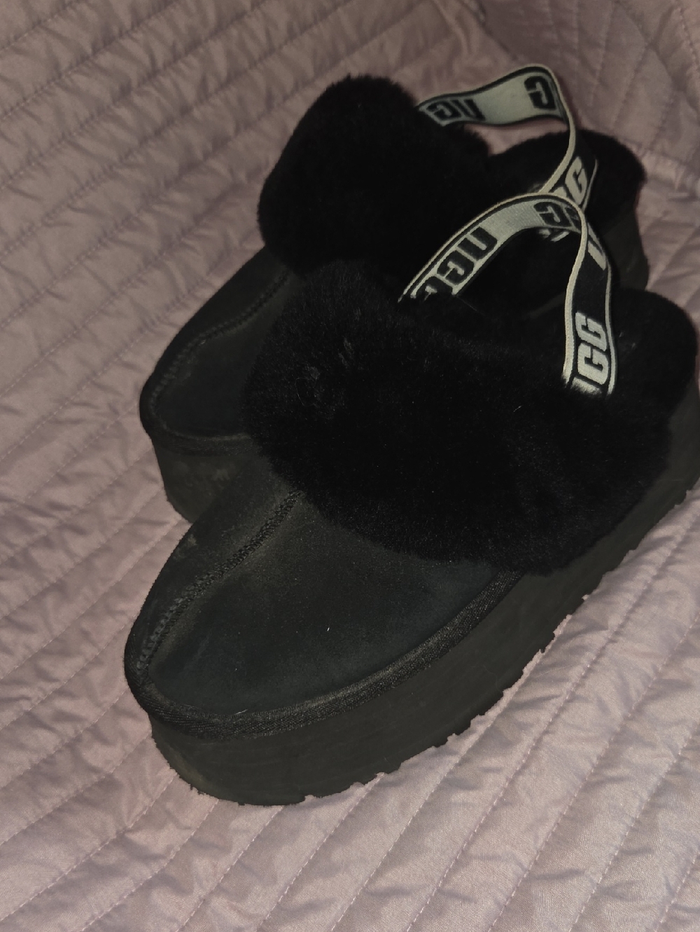 UGG Black Platform Fuzz Slide with Branded Elastic Strap